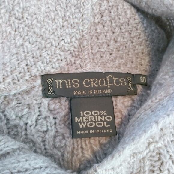 INIS CRAFTS IRELAND Merino Wool Oatmeal Button Down Hooded Cable Knit Sweater S - Picture 10 of 11